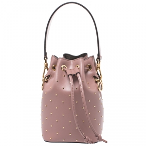 Pre Owned Fendi Rose Pink Studded Leather Mini Mon Tresor Drawstring Bucket Bag
