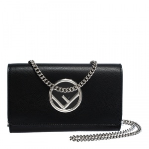 Pre Owned Fendi Black Leather Kan I Wallet On Chain