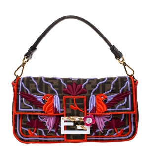 Pre Owned Fendi Tobacco Zucca Canvas and Multicolor Embroidered Convertible Baguette Bag