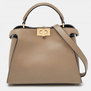 Pre Owned Fendi Taupe Leather Peekaboo Iconic Essentially Top Handle Bag