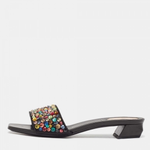 Fendi Black Satin Crystal Embellished Slide Sandals Size 39