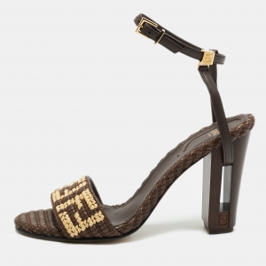 Fendi Brown/Beige Zucca Raffia and Leather Delfina Sandals Size 38