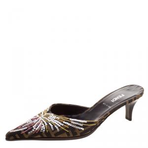 Pre Owned Fendi Crystal Embellished Embroidered Zucca Canvas Pointed Toe Mules Size 39