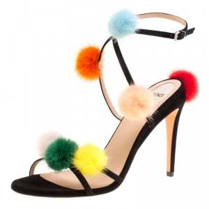 Pre Owned Fendi Black Suede With Multicolor Mink Fur Pompoms Ankle Strap Sandals Size 39