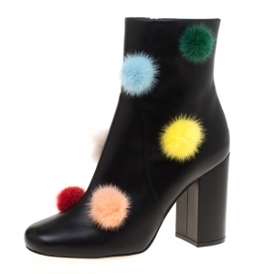 Pre Owned Fendi Black Leather With Multicolor Mink Fur Pompoms Block Heel Ankle Boots Size 38