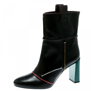 Pre Owned Fendi Black Leather Block Heel Ankle Boots Size 38.5