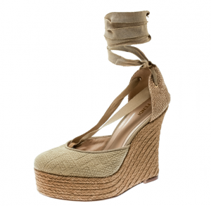 Pre Owned Fendi Beige Monogram Canvas Espadrille Wedge Ankle Wrap Platform Pumps Size 40