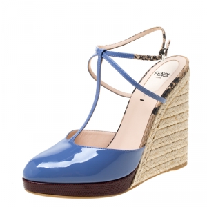 Fendi Lavander Patent Leather And Embossed Snakeskin Leather Elodie Espadrille Platform T Strap Sandals Size 38