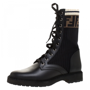 Pre Owned Fendi Black Leather And FF Motif Detail Stretch Fabric Rockoko Combat Boots Size 38