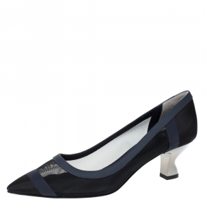 Pre Owned Fendi Navy Blue/Black Mesh And Leather Trim Colibri Pointed Toe Pumps Size 38