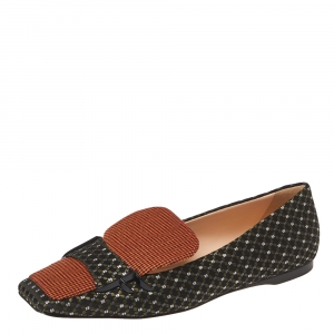Pre Owned Fendi Black/Orange Jacquard And Tweed Fabric FFreedom Square Toe Sip On Loafers Size 39