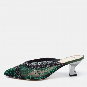 Pre Owned Fendi Green/Black Crystal Embellished Mesh Colibri Mules Size 36