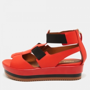 Fendi Orange Leather Platform Wedge Sandals Size 37.5