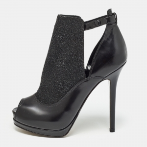 Fendi Black Leather and Glitter Platform Peep Toe Ankle Length Booties Size 38
