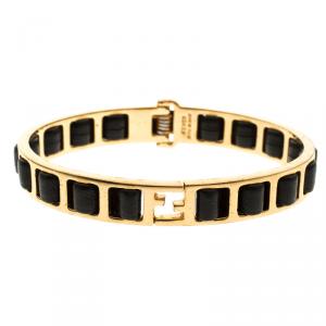 Pre Owned Fendi Black Leather Gold Tone Chain Link Woven Bracelet