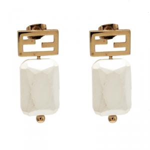 Pre Owned Fendi White Crystal  Gold Tone Earrings