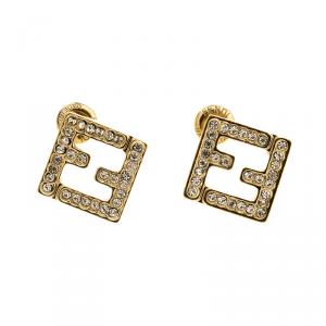 Pre Owned Fendi Logo Crystal Studded Gold Tone Stud Earrings