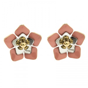 مملوكة مسبقًا Fendi Blossom Enamel Flower Two Tone Metal Stud Earrings