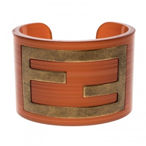 Pre Owned Fendi Orange Resin Wide Open Cuff Bracelet