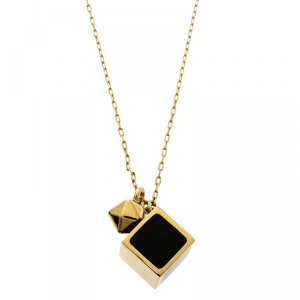 Pre Owned Fendi Black Enamel Cube Gold Tone Pendant Necklace
