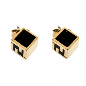 Pre Owned Fendi Black Enamel Cube Gold Tone Stud Earrings