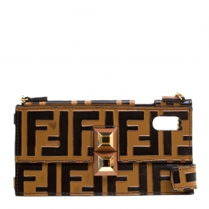 Pre Owned Fendi Brown/Black Zucca Leather iPhone X Case