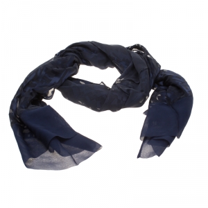 Pre Owned Fendi Navy Blue Silk Blend Logo Pattern Burnout Chiffon Jacquard Scarf