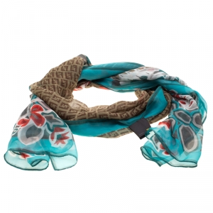 Pre Owned Fendi Multicolor Floral and Zucca Printed Silk Scarf 