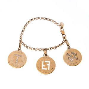 Pre Owned Fendi Logo Identification Crystal Gold Tone Charm Bracelet