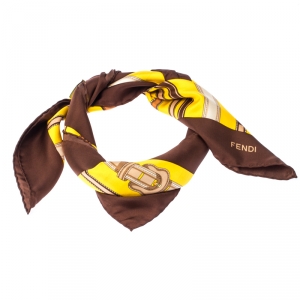 Pre Owned Fendi Yellow And Brown Belt Print Silk Foulard Scarf