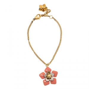 Pre Owned Fendi Blossom Enamel Flower Charm Gold Tone Bracelet