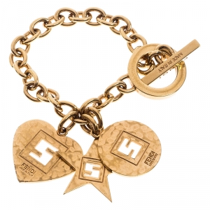 Pre Owned Fendi Multi Charm Gold Tone Chain Link Toggle Bracelet 