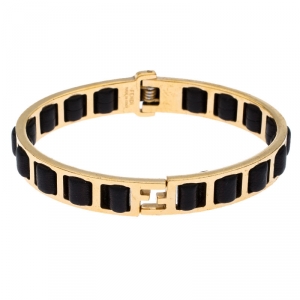 Pre Owned Fendi Black Leather Gold Tone Chain Link Woven Bracelet S