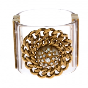 Pre Owned Fendi Crystal Chain Embellished Clear Plexiglass Gold Tone Wide Cuff Bracelet