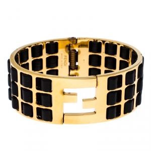 Pre Owned Fendi Fendista Black Woven Leather Gold Tone Wide Cuff Bracelet