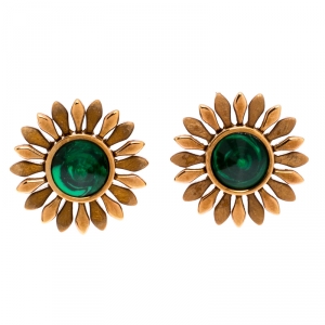Pre Owned Fendi Flower Green Inlay Rose Gold Tone Stud Earrings
