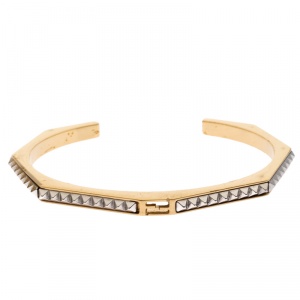 Pre Owned Fendi Baguette Two Tone Textured Open Cuff Bracelet