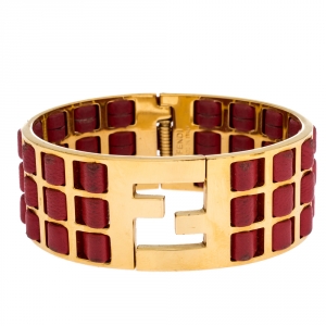 Pre Owned Fendi Fendista Red Woven Leather Gold Tone Wide Cuff Bracelet 