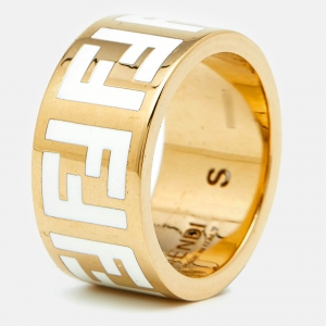 Fendi FF Logo Forever Enamel Gold Tone Ring Size 52