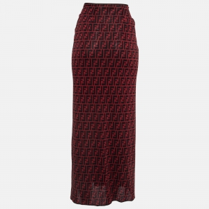 Pre Owned Fendi Vintage Red/Black Monogram Print Jersey Maxi Skirt M