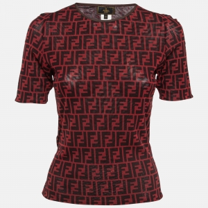 Pre Owned Fendi Vintage Red/Black Monogram Print Jersey Top M