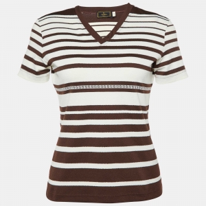 Pre Owned Fendi Vintage Brown/White Logo Patterned Jersey V-Neck Top M