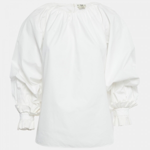 Pre Owned Fendi White Cotton Long Sleeve Blouse M
