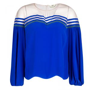 Pre Owned Fendi Blue Silk Tulle Illusion Long Sleeve Blouse M