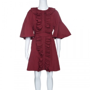 Pre Owned Fendi Red Ruffled Trim Flared Sleeve Belted Cocktail Dress S