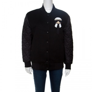 Pre Owned Fendi Karlito Black Logo Applique Detail Quilted Down Bomber Jacket S