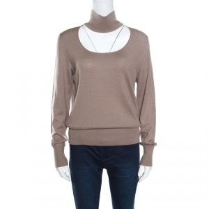 Pre Owned Fendi Mocha Wool Cut Out Neckline Detail Long Sleeve Sweater L