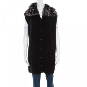Pre Owned Fendi Black Tonal Chevron Patterned Cashmere Fox Fur Trim Cardigan M