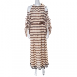 Pre Owned Fendi Beige Striped Cotton & Silk Blend Billowing Sleeves Dress M