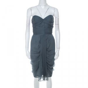 Pre Owned Fendi Grey-Teal Chiffon Corset Bodice Ruched & Draped Short Strapless Dress S